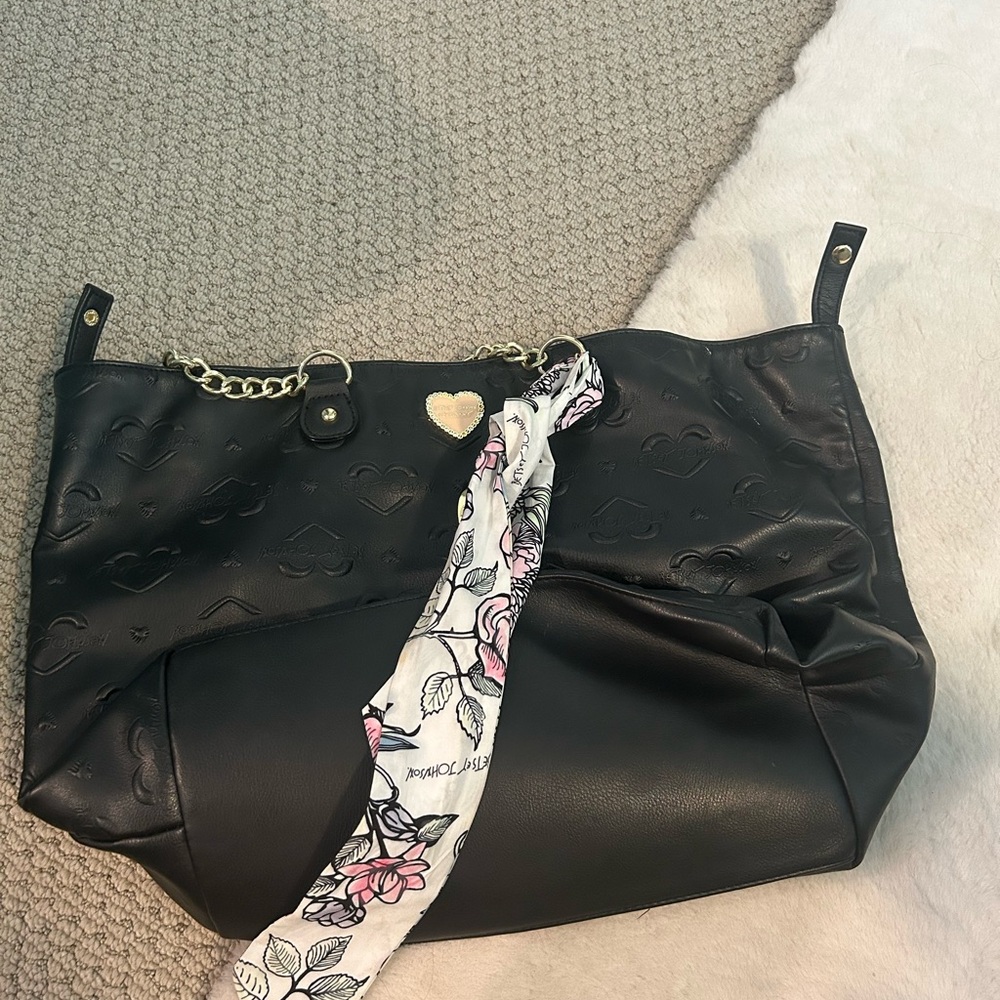 Betsey Johnson Black Embossed Heart Tote Bag with Scarf